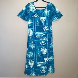 Vintage  maxi dress women’s medium palm fronds barkcloth blue